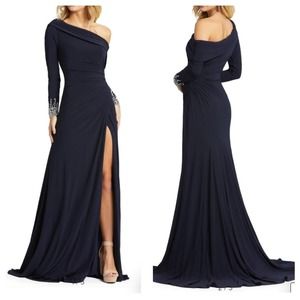 Mac Duggal One Shoulder Long Sleeve Jersey Embellished Ruched Gown Navy Blue